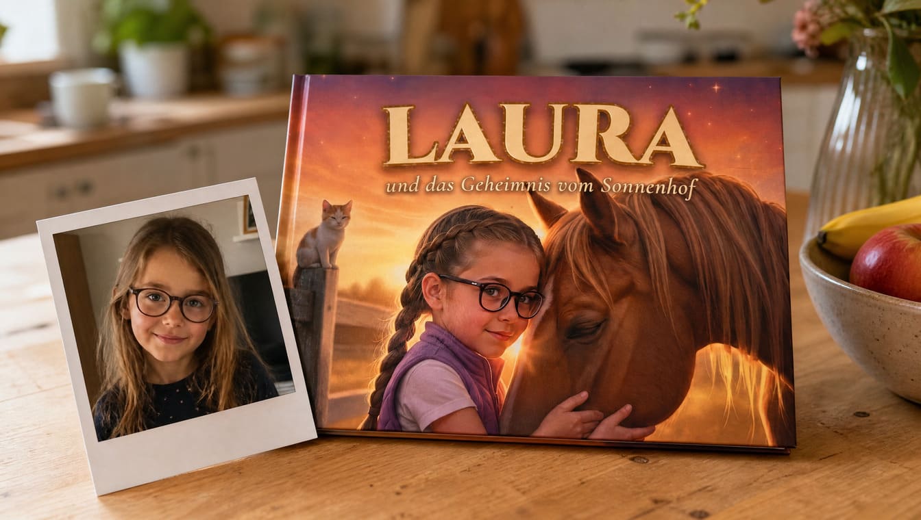 Das personalisierte Pferdebuch LAURA und das Geheimnis vom Sonnenhof auf dem Küchentisch, daneben das echte Foto des Kindes