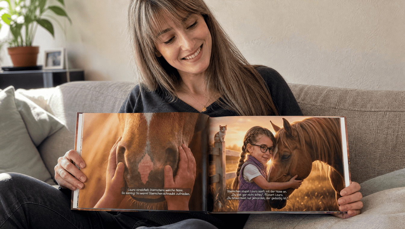 Tara, Gründerin von Mein Heldenbuch, sitzt auf der Couch und zeigt das aufgeschlagene personalisierte Pferdebuch mit Laura als Heldin